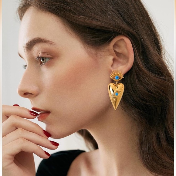 Anthropologie Gold and Blue Heart Eye Earrings - Picture 3 of 6